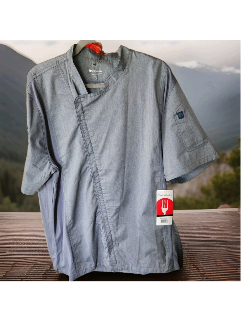 Chef Works Unisex Cook Shirt XL Full Zip Short Sleeves Pockets Logo NWT Gray